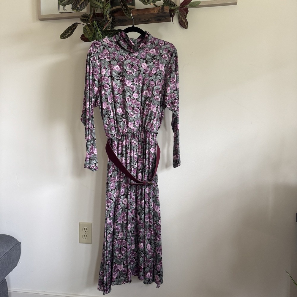 Vintage 80s Jessica Howard Mitchell Rodbell Floral Midi Dress Belted Petite 12
